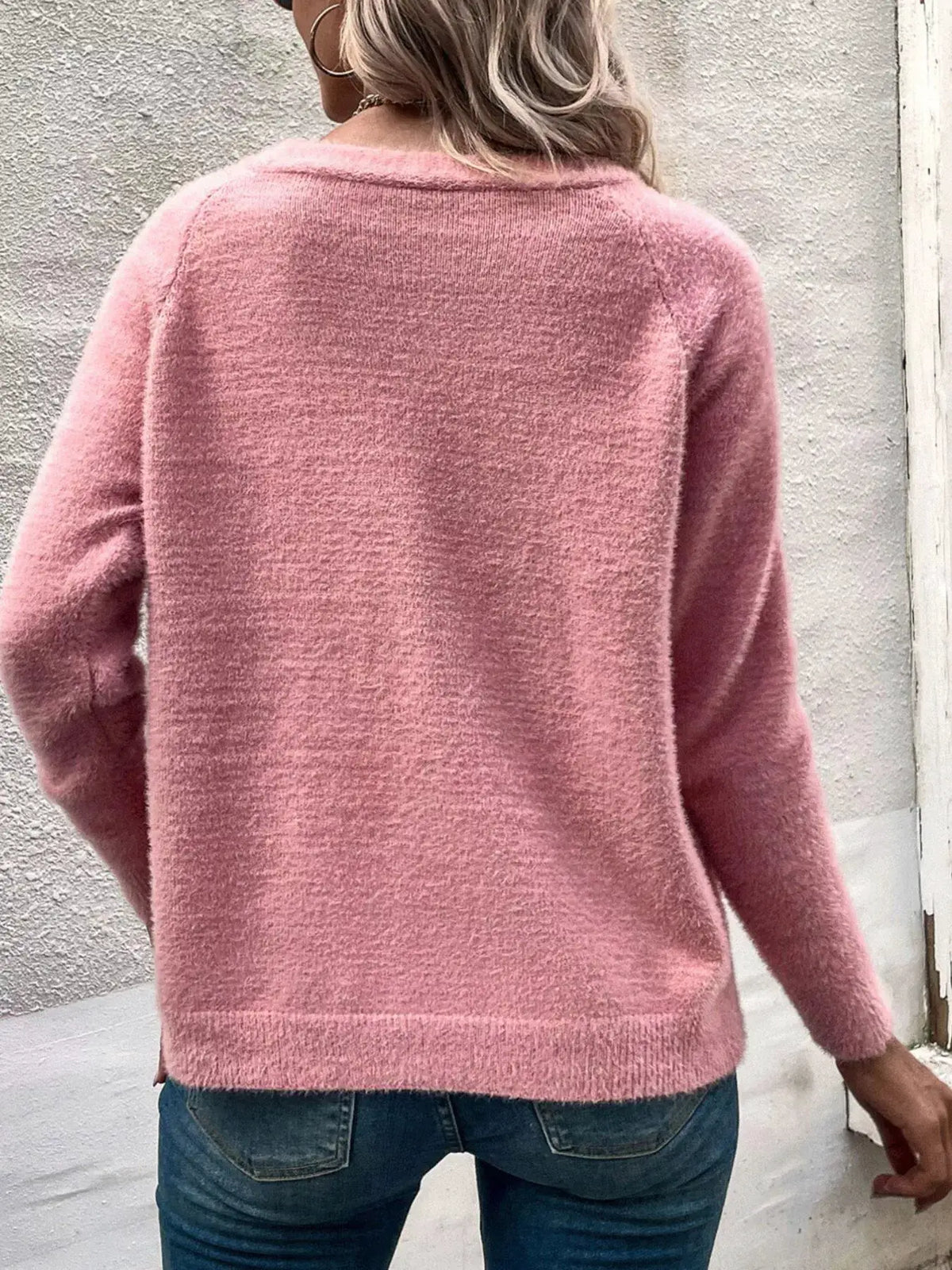 Soft Fuzzy V-Neck Button-Down Cardigan by Trendsi