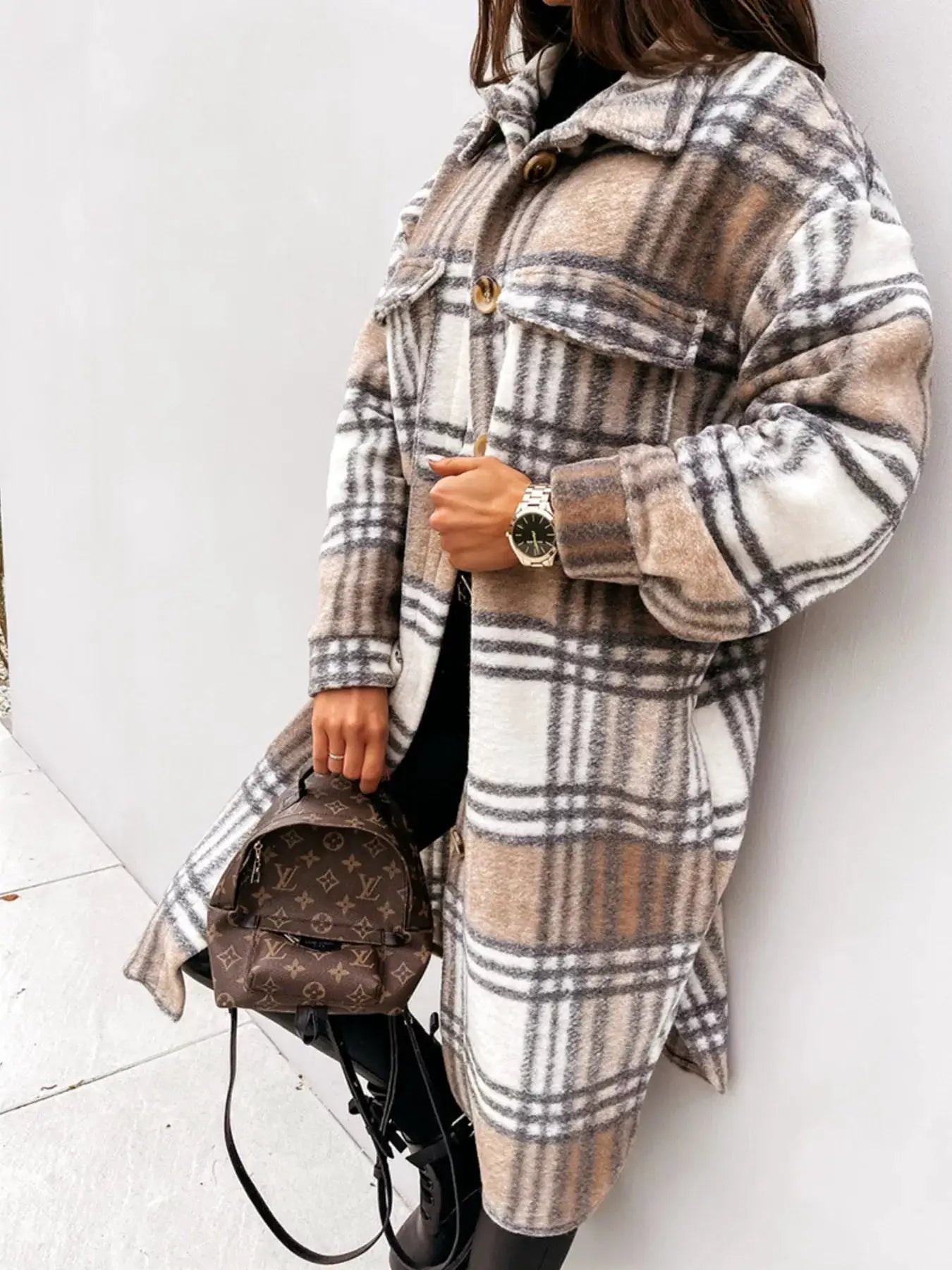 Longline Plaid Button Up Coat by Trendsi