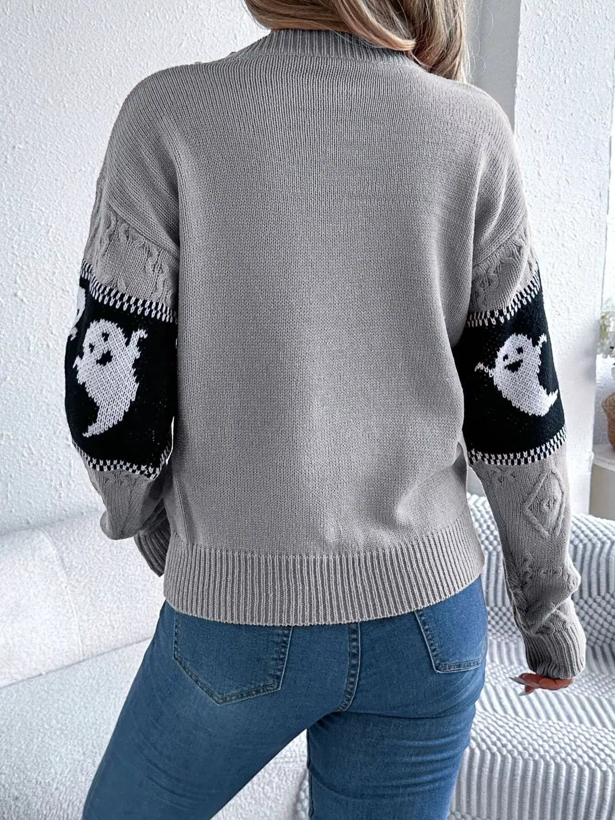 Halloween Ghost Pattern Textured Sweater by Trendsi