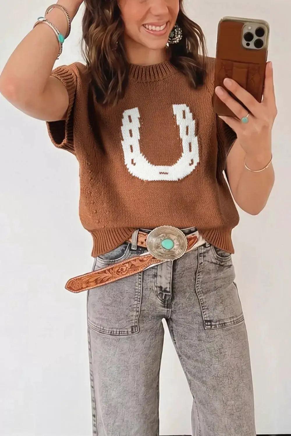 Western Horseshoe Pattern Short Sleeve Knit Sweater by Trendsi