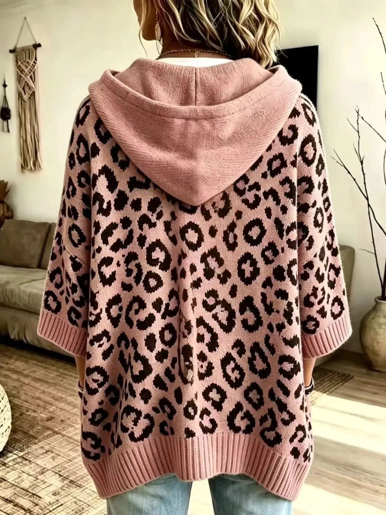Drawstring Leopard Hooded Sweater by Trendsi