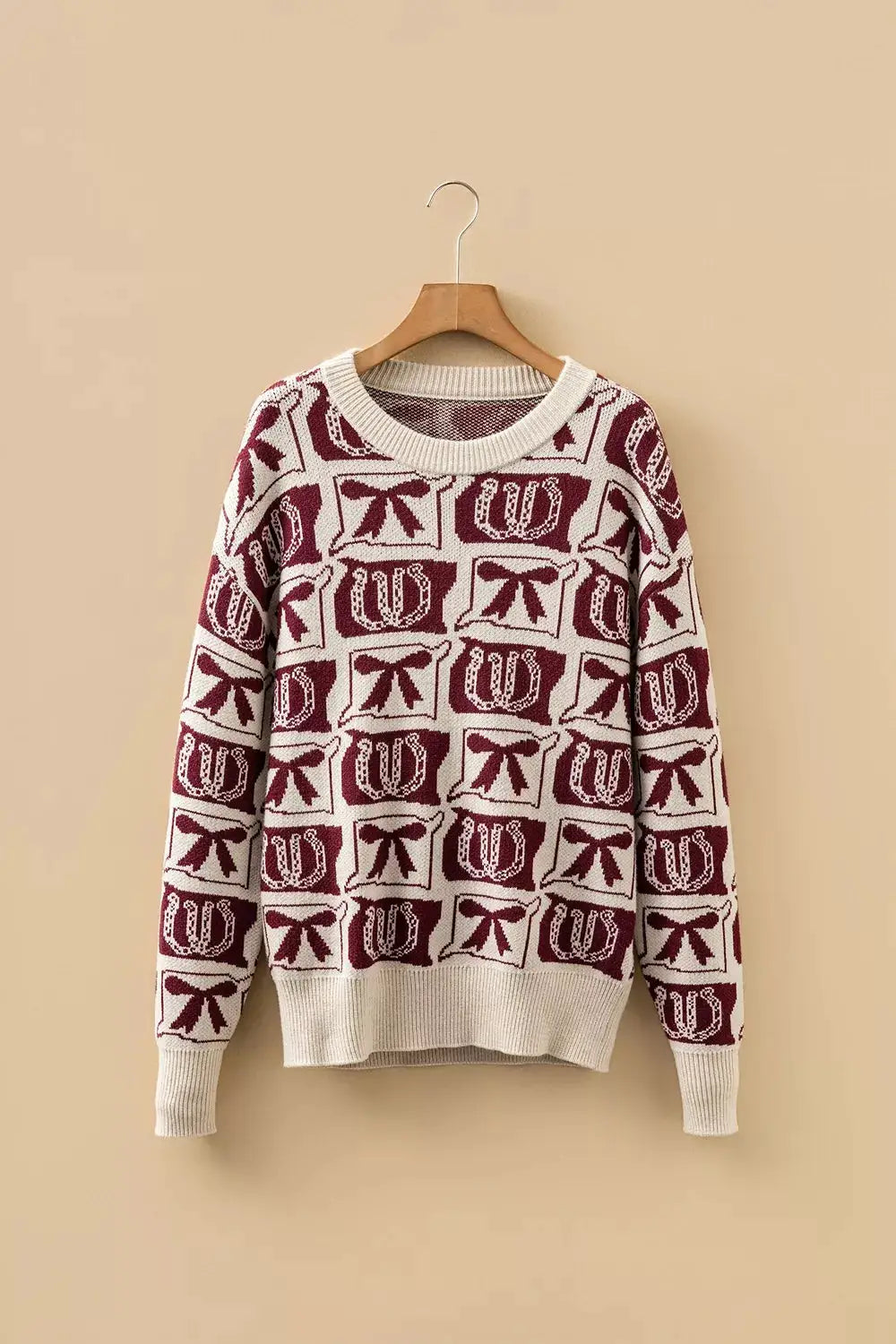 Bows & Horseshoes Pattern Western Round Neck Sweater by Trendsi