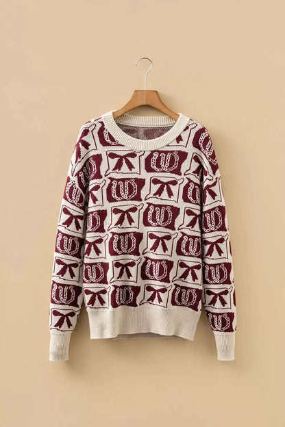 Bows & Horseshoes Pattern Western Round Neck Sweater by Trendsi