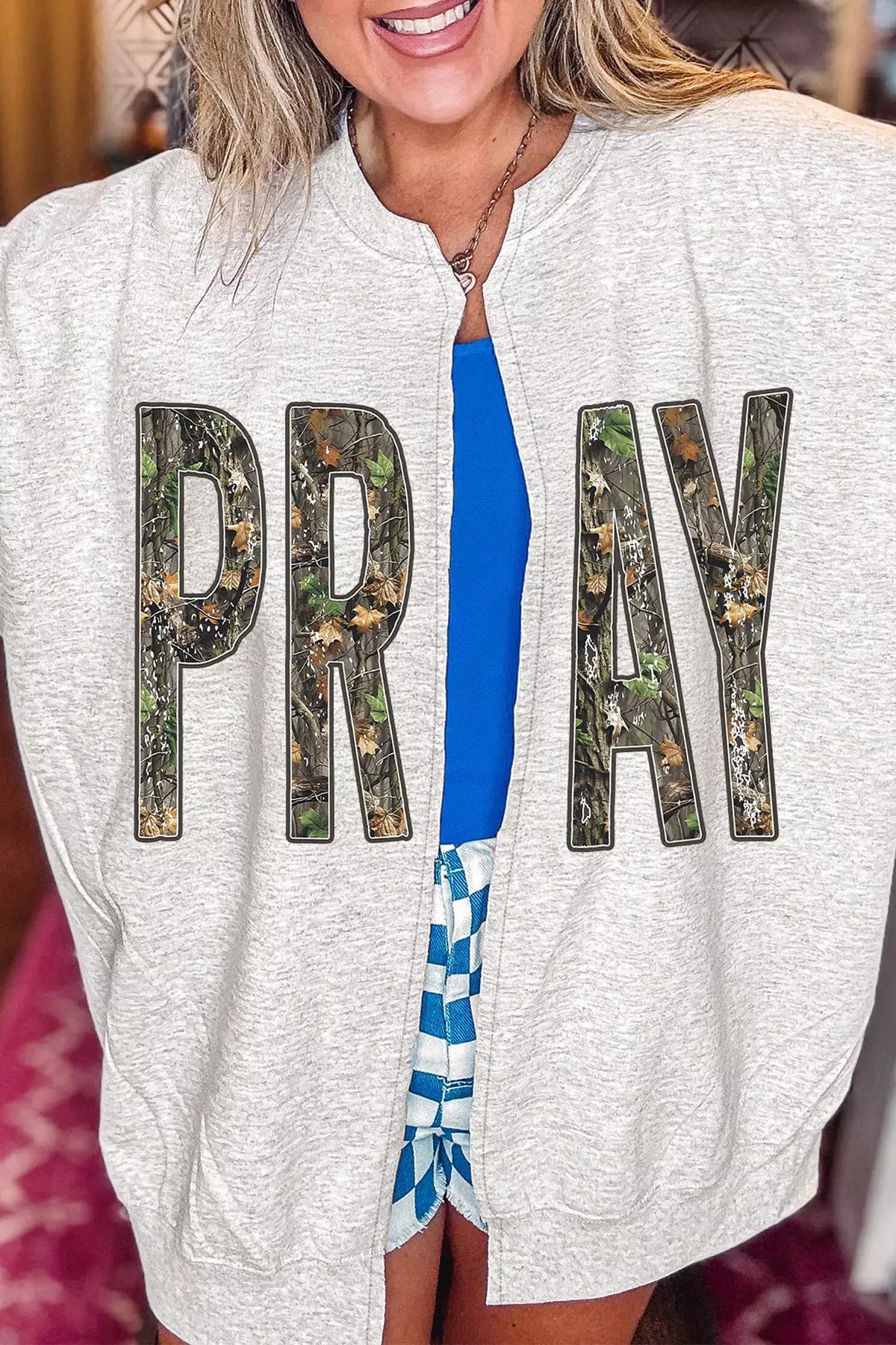 Camo Print PRAY Letter Open Front Tunic Sweatshirt by Trendsi