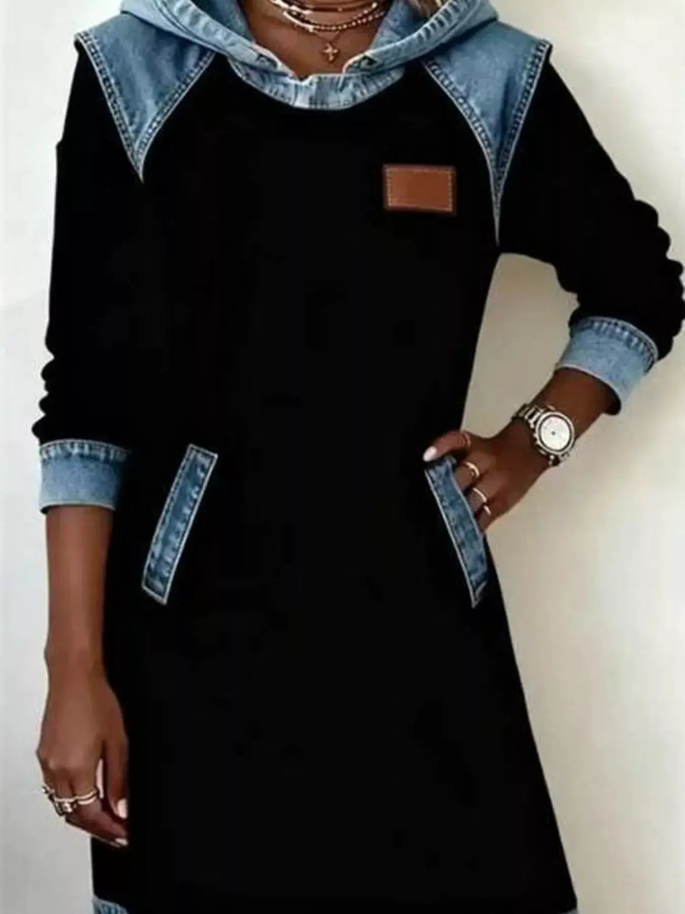 Full Size Denim Patchwork Hooded Sweatshirt Dress Plus Size by Trendsi