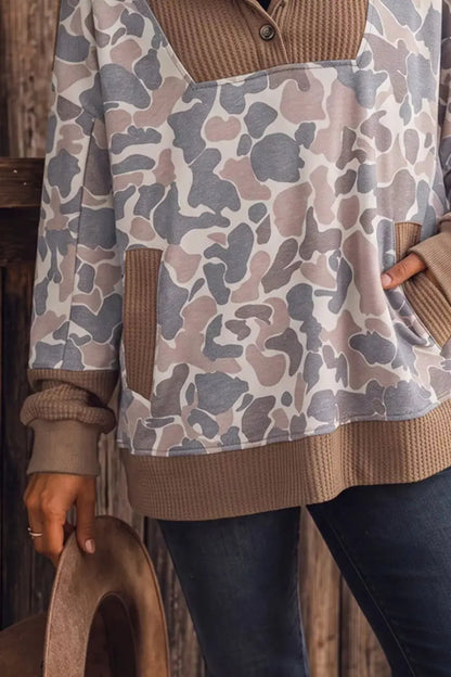 Camouflage Print Waffle Knit Patchwork Half Zip Hoodie by Trendsi