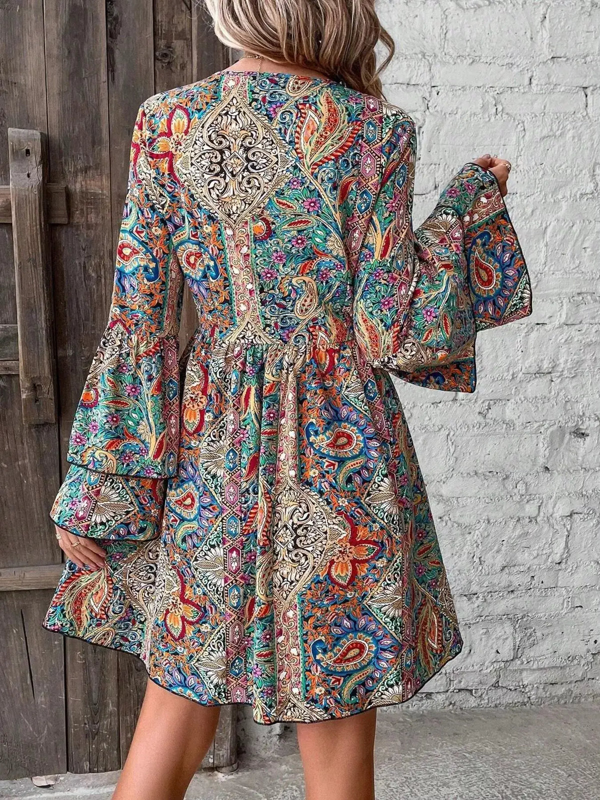 Paisley Print V-Neck Bell Sleeve Mini Dress by Trendsi