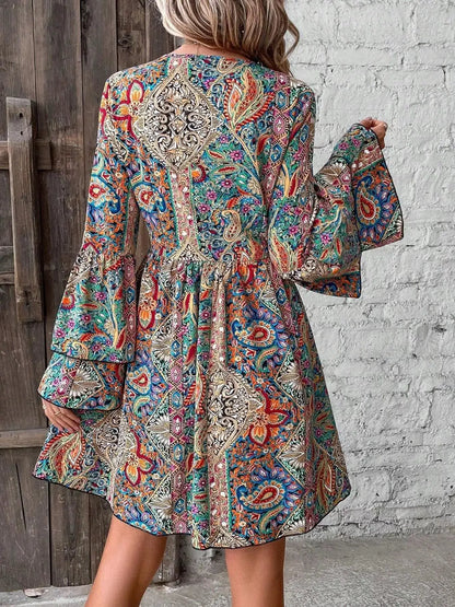 Paisley Print V-Neck Bell Sleeve Mini Dress by Trendsi