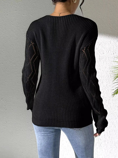 Floral Applique V-Neck Openwork Sweater by Trendsi