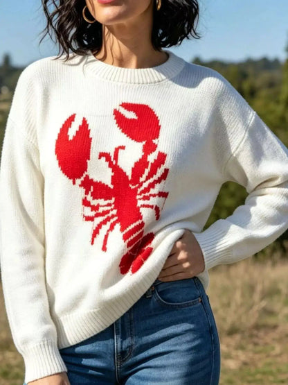 Lobster Graphic Crew Neck Sweater by Trendsi