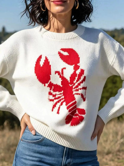 Lobster Graphic Crew Neck Sweater by Trendsi