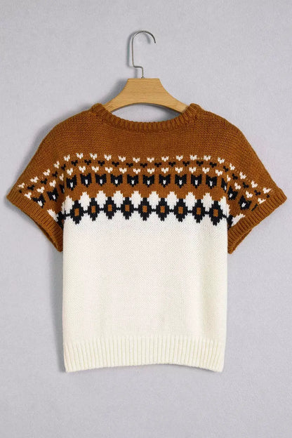 V Neck Short Sleeve Geometric Sweater by Trendsi