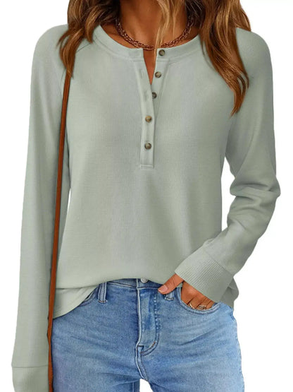 Waffle Knit Henley Long Sleeve T-Shirt by Trendsi