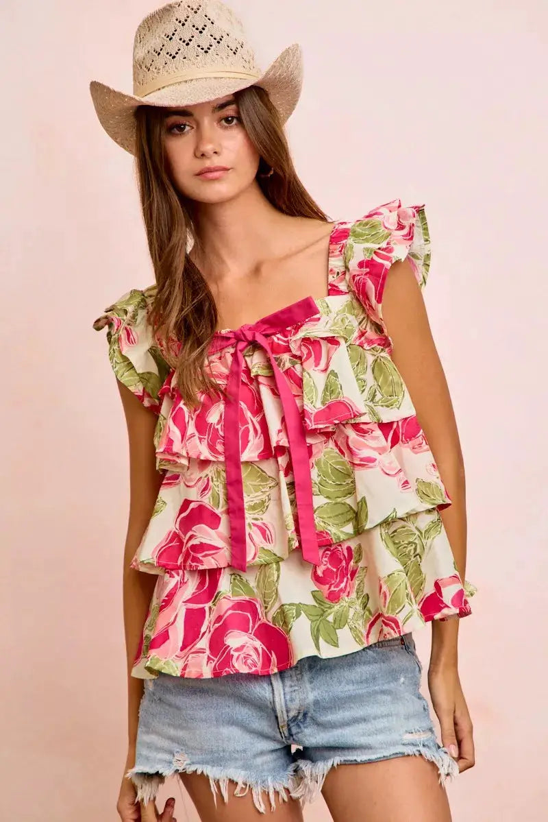 BiBi Floral Print Woven Bow Tie Ruffle Square Neck Top by Trendsi