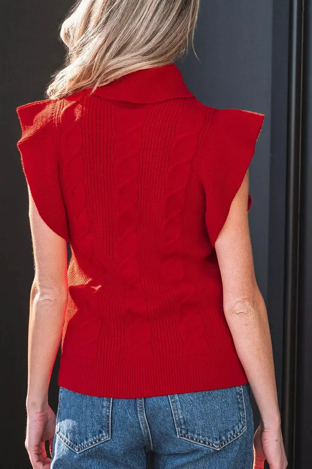 Cable Knit Turtleneck Ruffled Short Sleeve Sweater by Trendsi