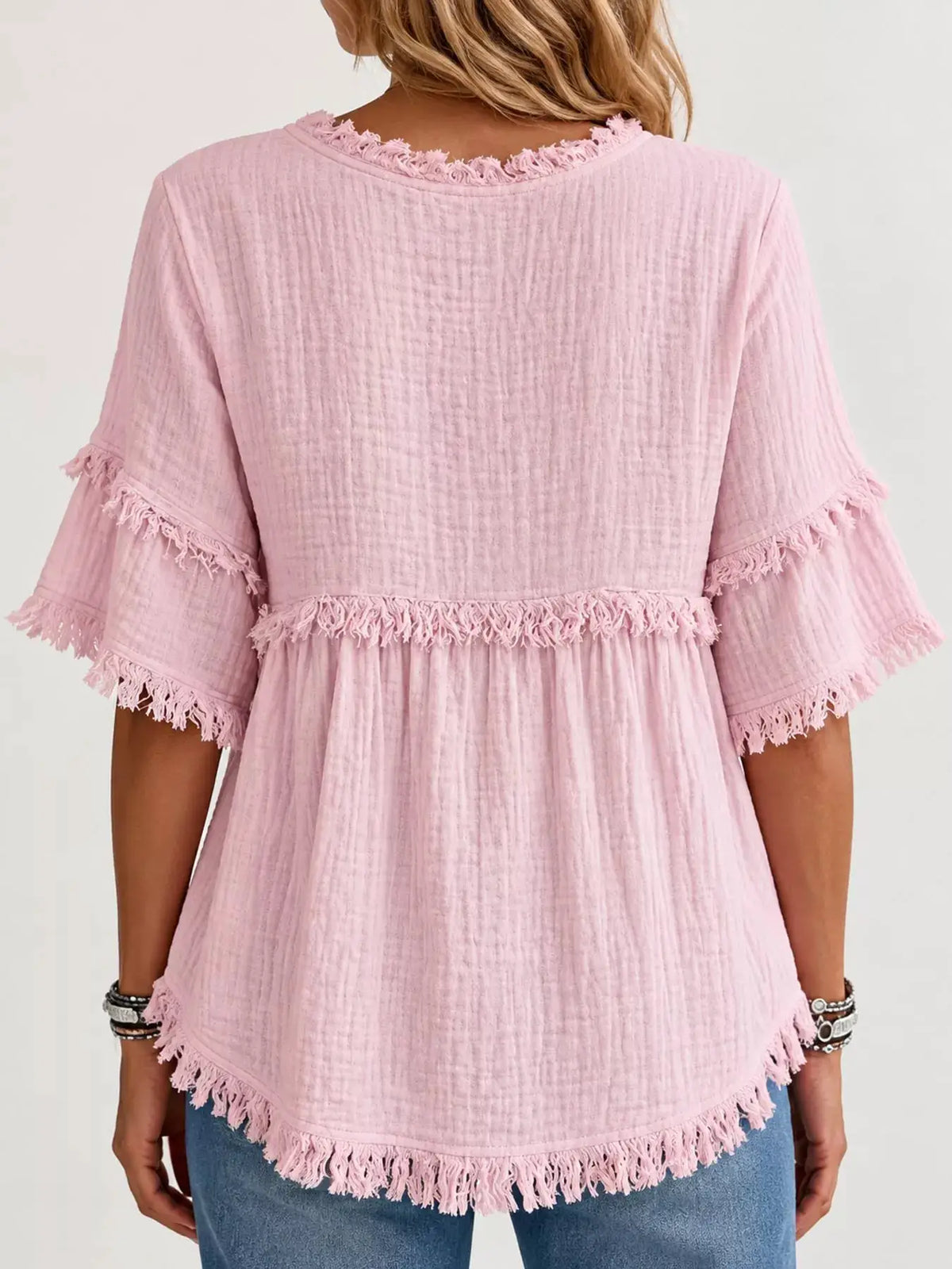 Full Size Frayed Edge Textured Blouse Plus Size by Trendsi