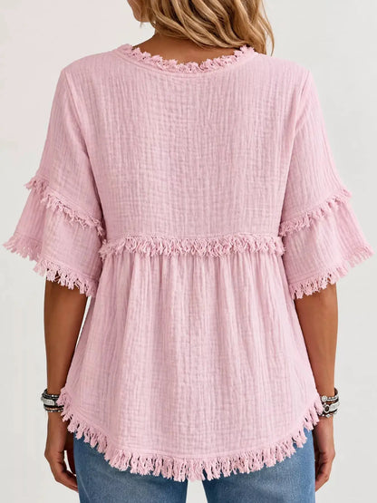 Full Size Frayed Edge Textured Blouse Plus Size by Trendsi