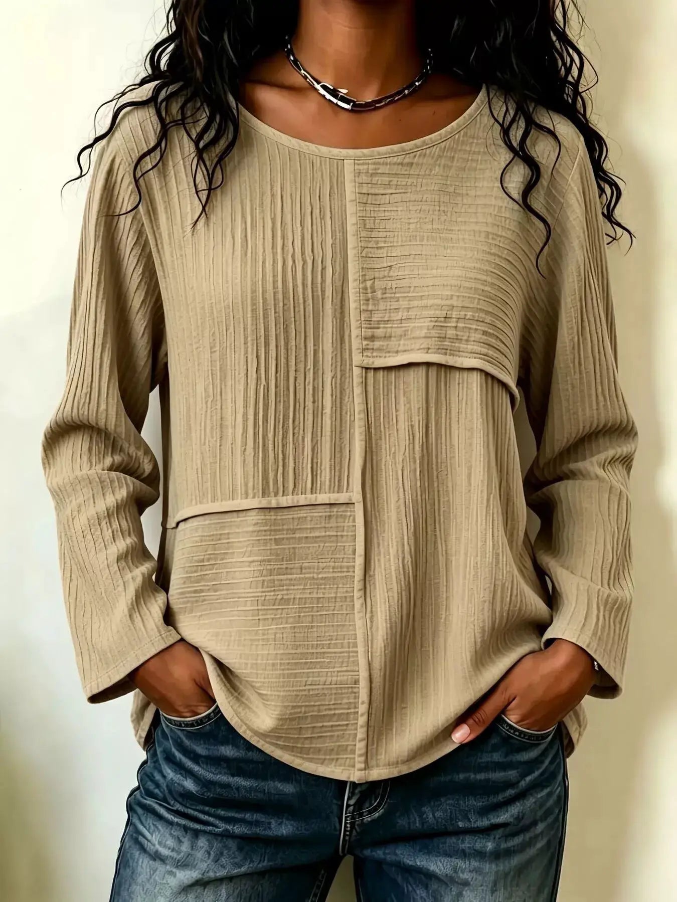 Textured Patchwork Long Sleeve Casual T-Shirt by Trendsi