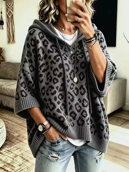 Drawstring Leopard Hooded Sweater by Trendsi