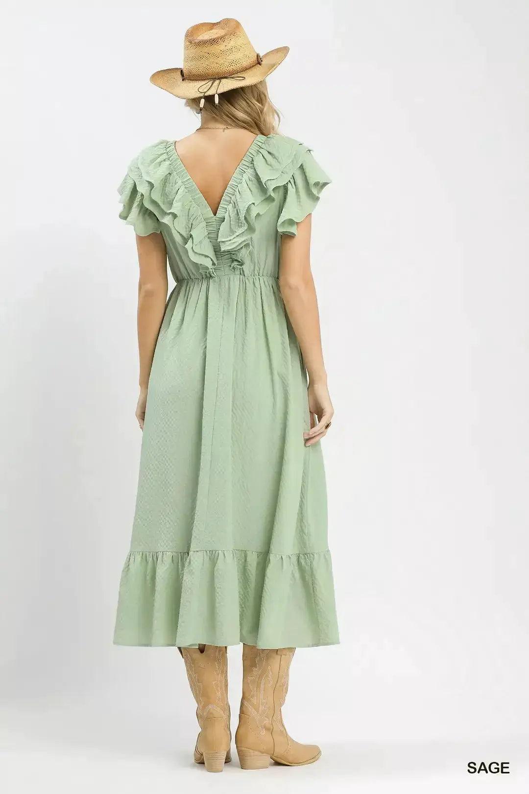 Umgee Textured Ruffle Midi Dress by Trendsi