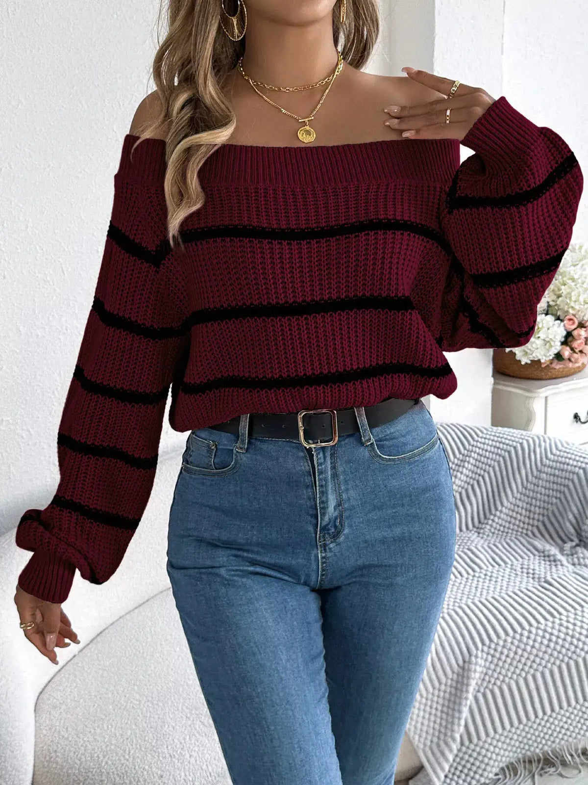 Off-Shoulder Striped Contrast Sweater by Trendsi