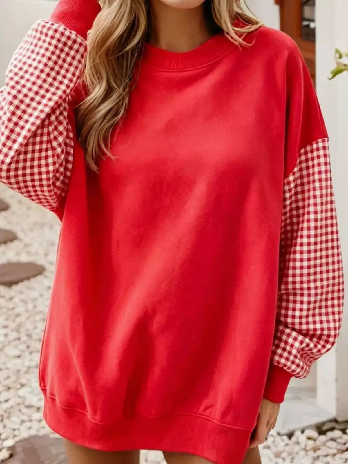 Contrast Gingham Long Sleeve Sweatshirt by Trendsi