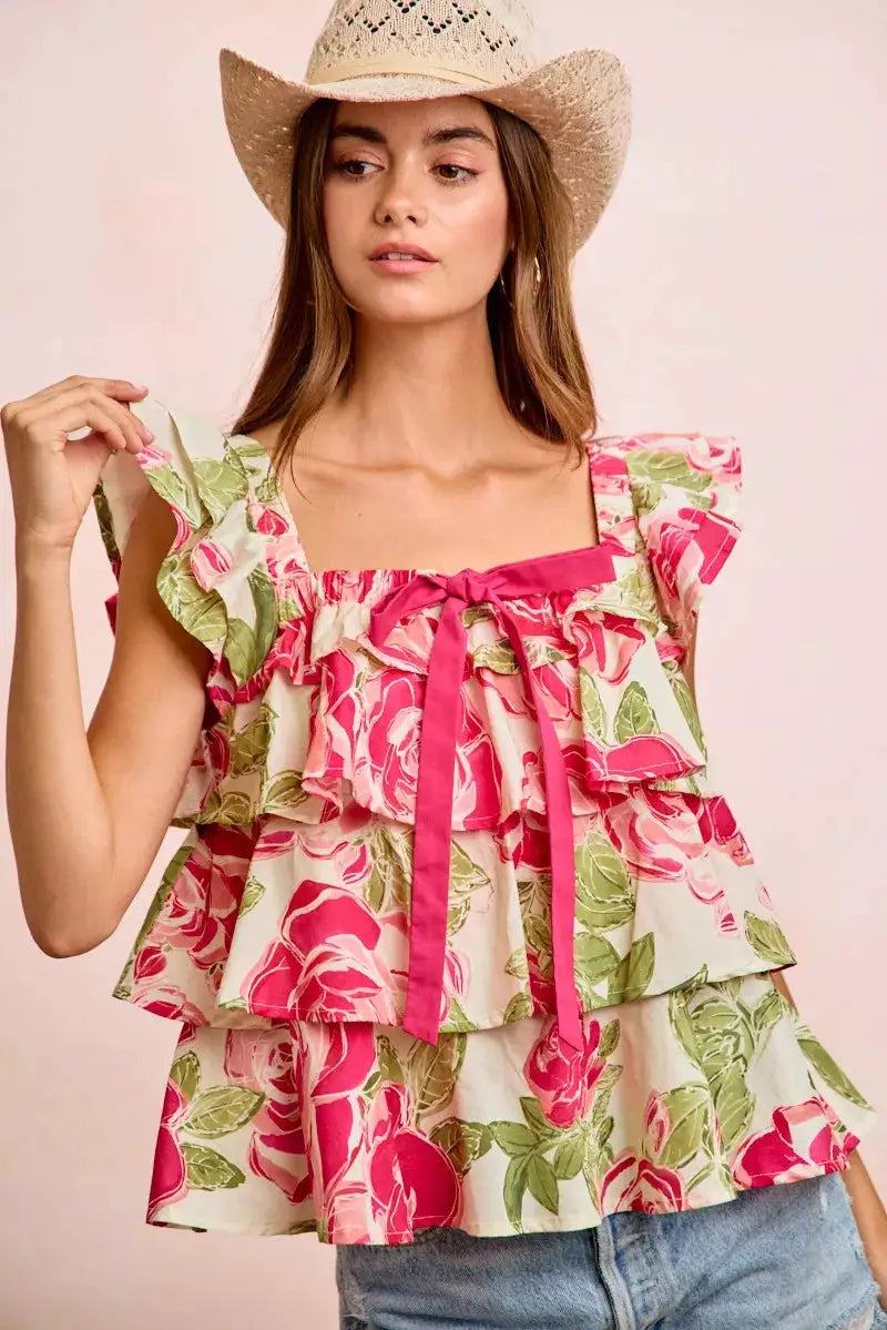 BiBi Floral Print Woven Bow Tie Ruffle Square Neck Top by Trendsi