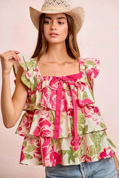 BiBi Floral Print Woven Bow Tie Ruffle Square Neck Top by Trendsi