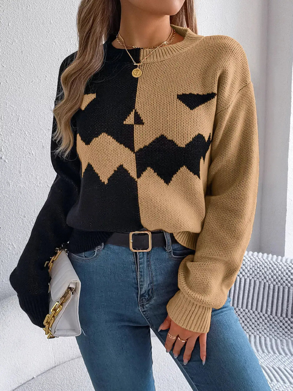 Pumpkin Face Graphic Two Tone Sweater by Trendsi