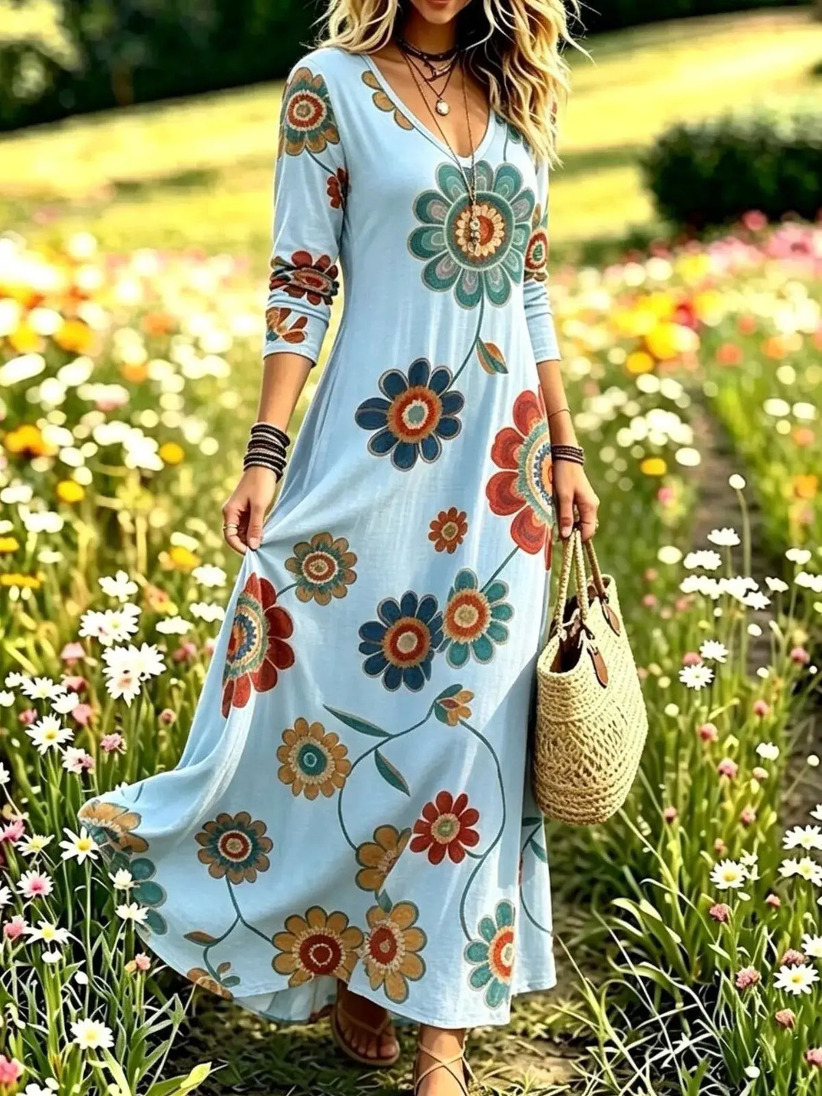 Floral Print V-Neck Long Sleeve Maxi Dress by Trendsi