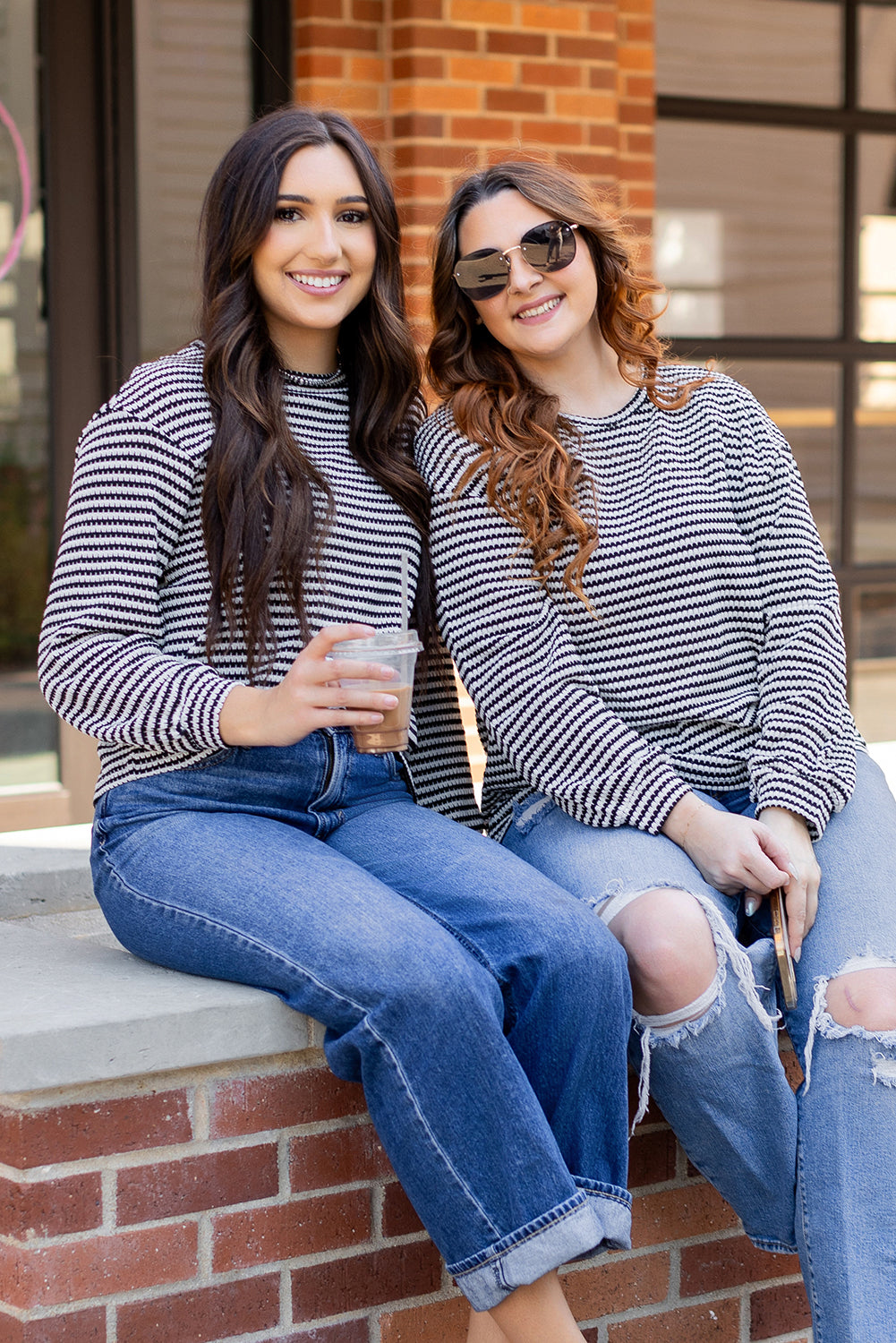 Khaki Stripe Round Neck Drop Shoulder Long Sleeve Top