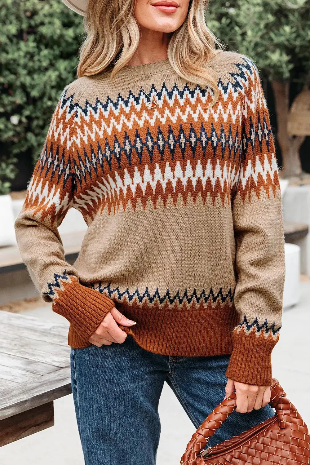 Geometric Pattern Long Sleeve Sweater by Trendsi
