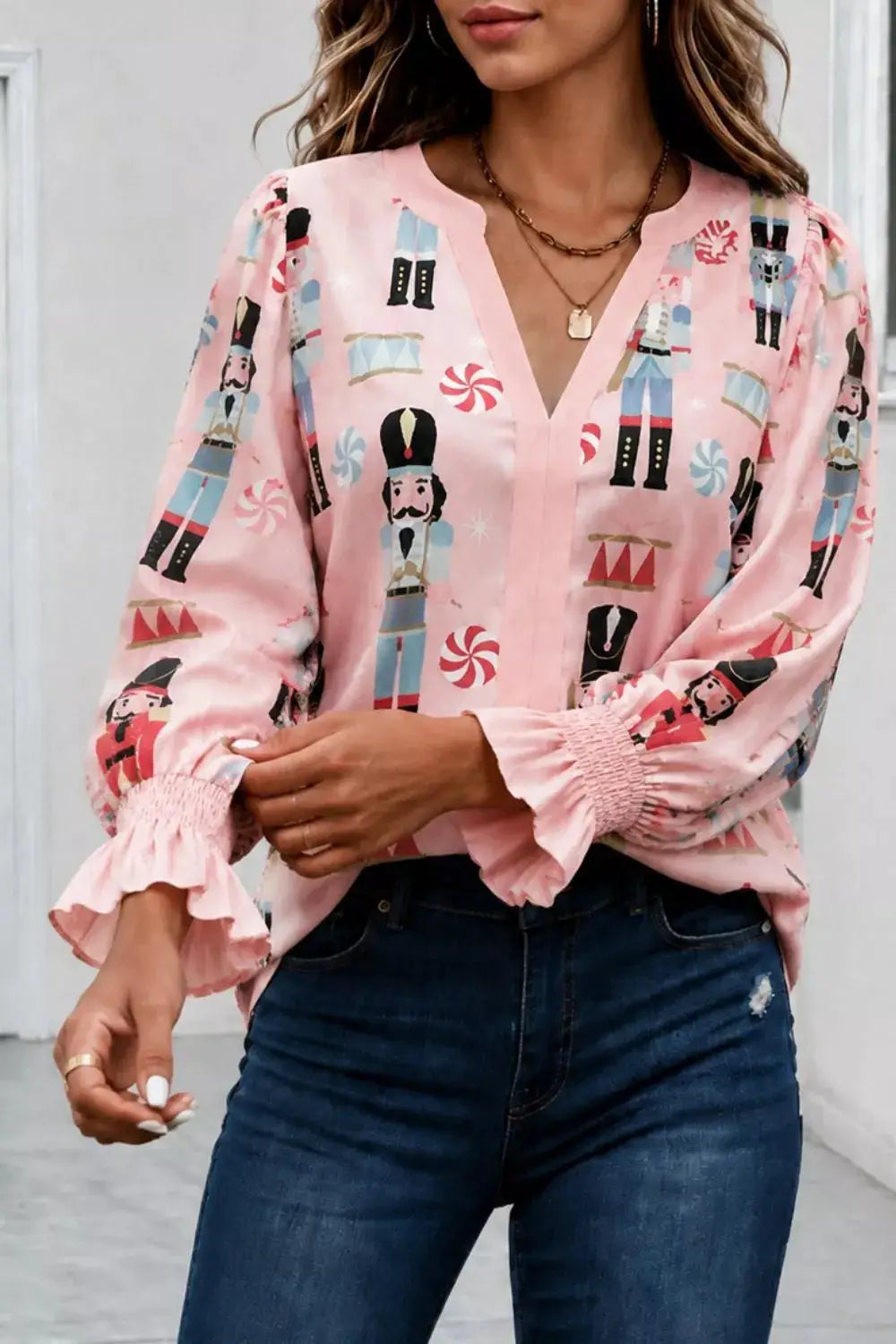 Nutcracker Print Notched Flounce Sleeve Blouse by Trendsi