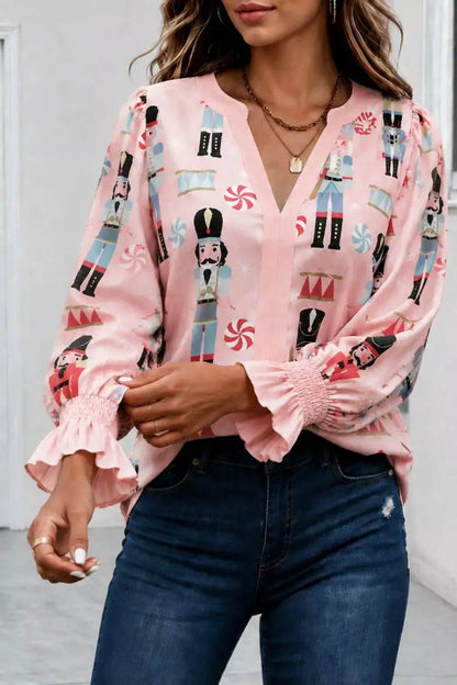 Nutcracker Print Notched Flounce Sleeve Blouse by Trendsi