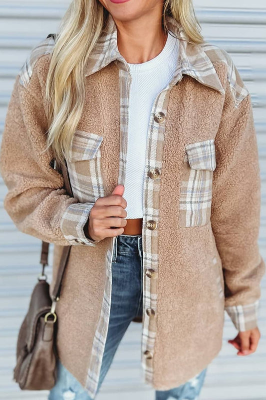 Pocketed Plaid Collared Neck Sherpa Jacket