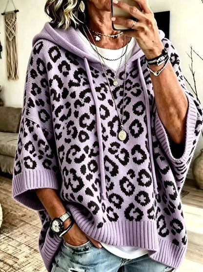 Drawstring Leopard Hooded Sweater by Trendsi