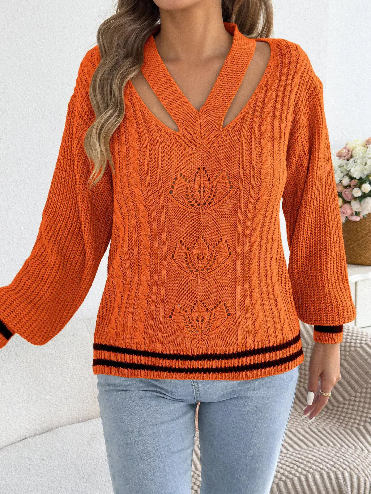 Cutout Cable Knit Sweater by Trendsi