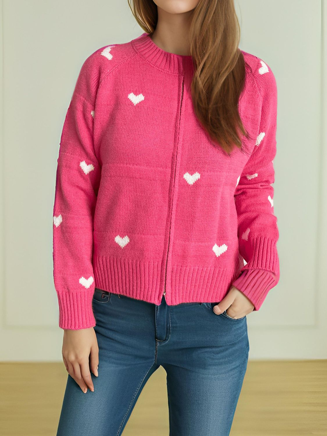 Heart Round Neck Zip Up Cardigan