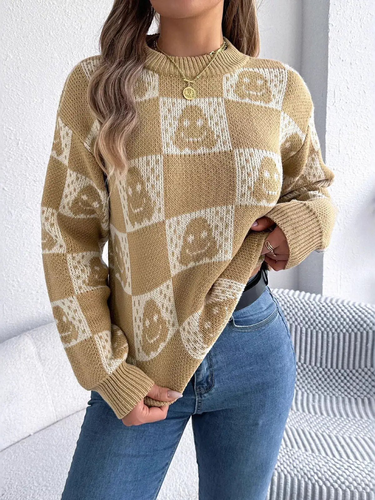 Checkerboard Halloween Graphic Sweater by Trendsi