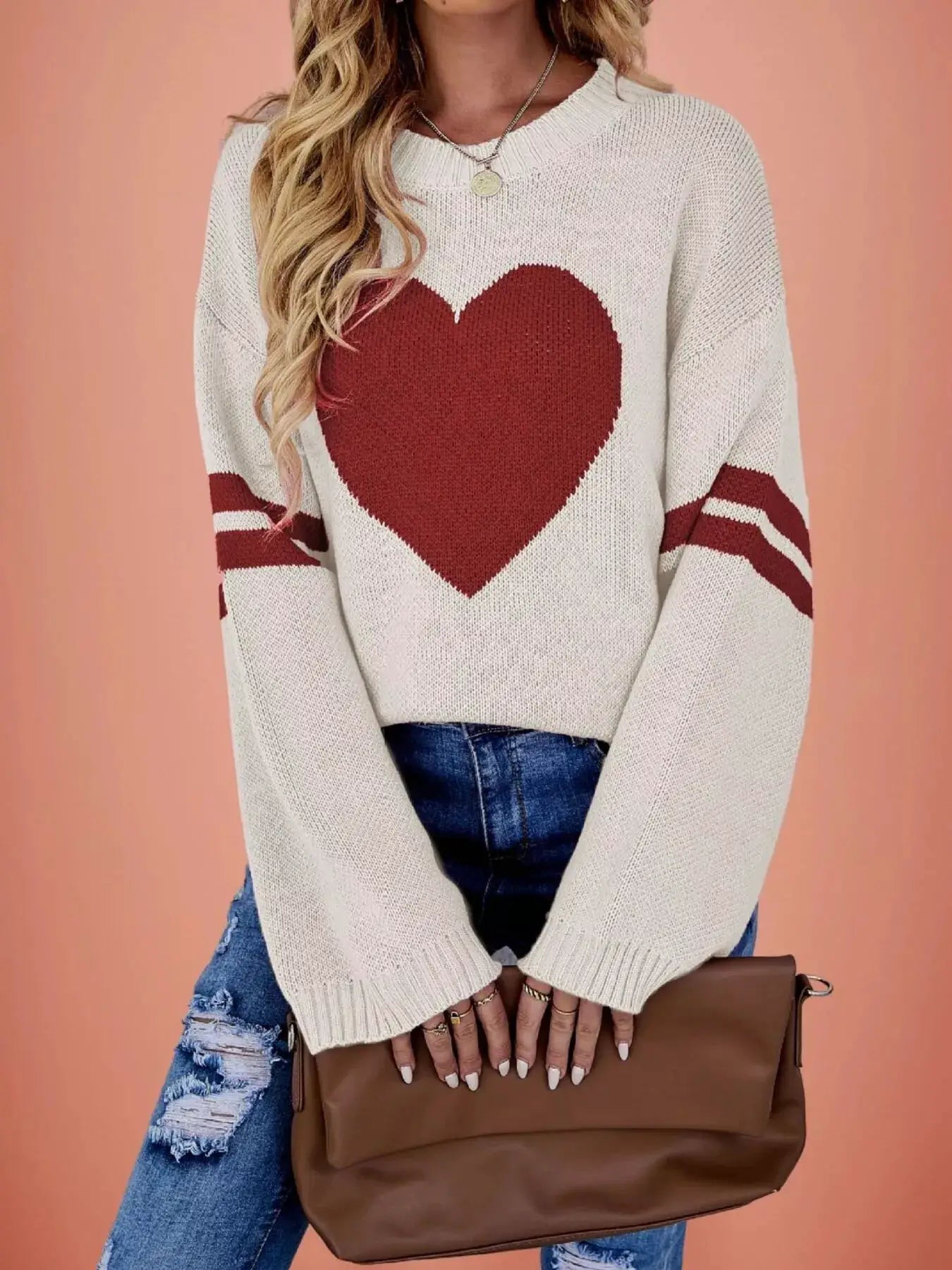 Heart Pattern Dropped Shoulder Sweater by Trendsi