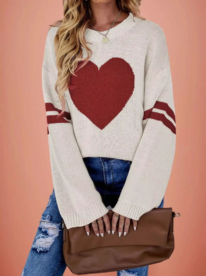 Heart Pattern Dropped Shoulder Sweater by Trendsi