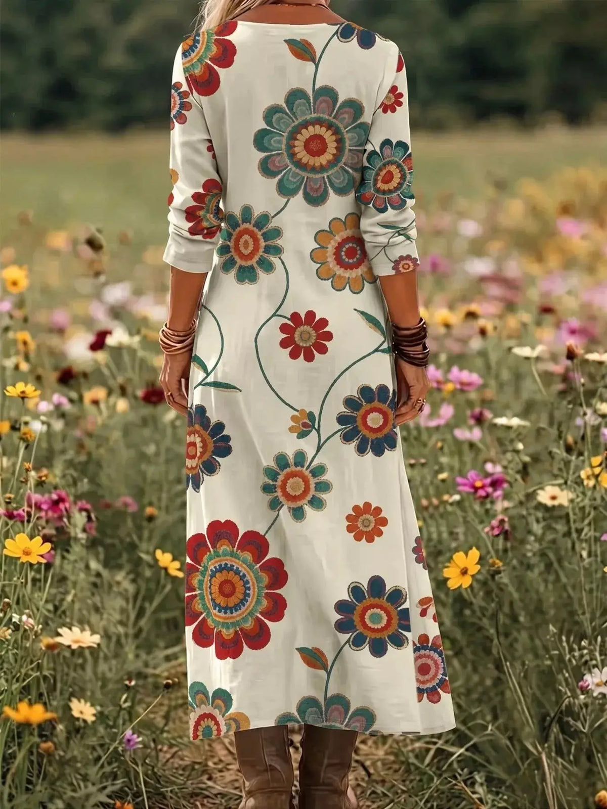 Floral Print V-Neck Long Sleeve Maxi Dress by Trendsi