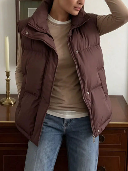 Snap-Button Placket Quilted Puffer Vest Coat by Trendsi