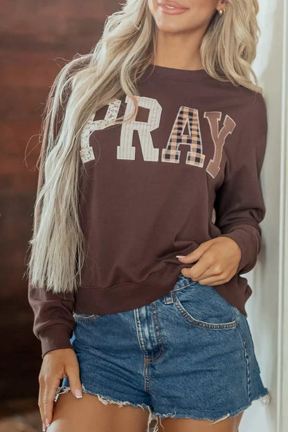 Plaid 'PRAY' Crew Neck Sweatshirt by Trendsi