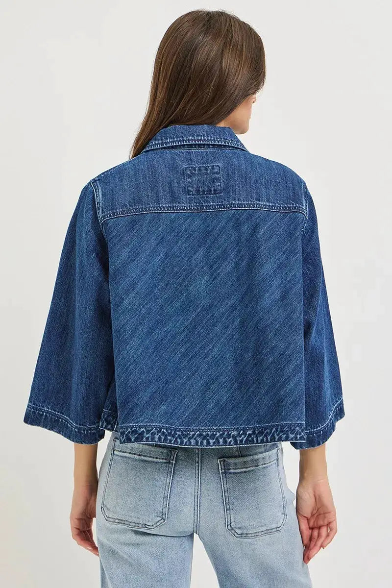 RISEN Double-Breasted Flowy Cropped Denim Jacket by Trendsi