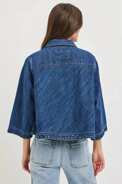 RISEN Double-Breasted Flowy Cropped Denim Jacket by Trendsi