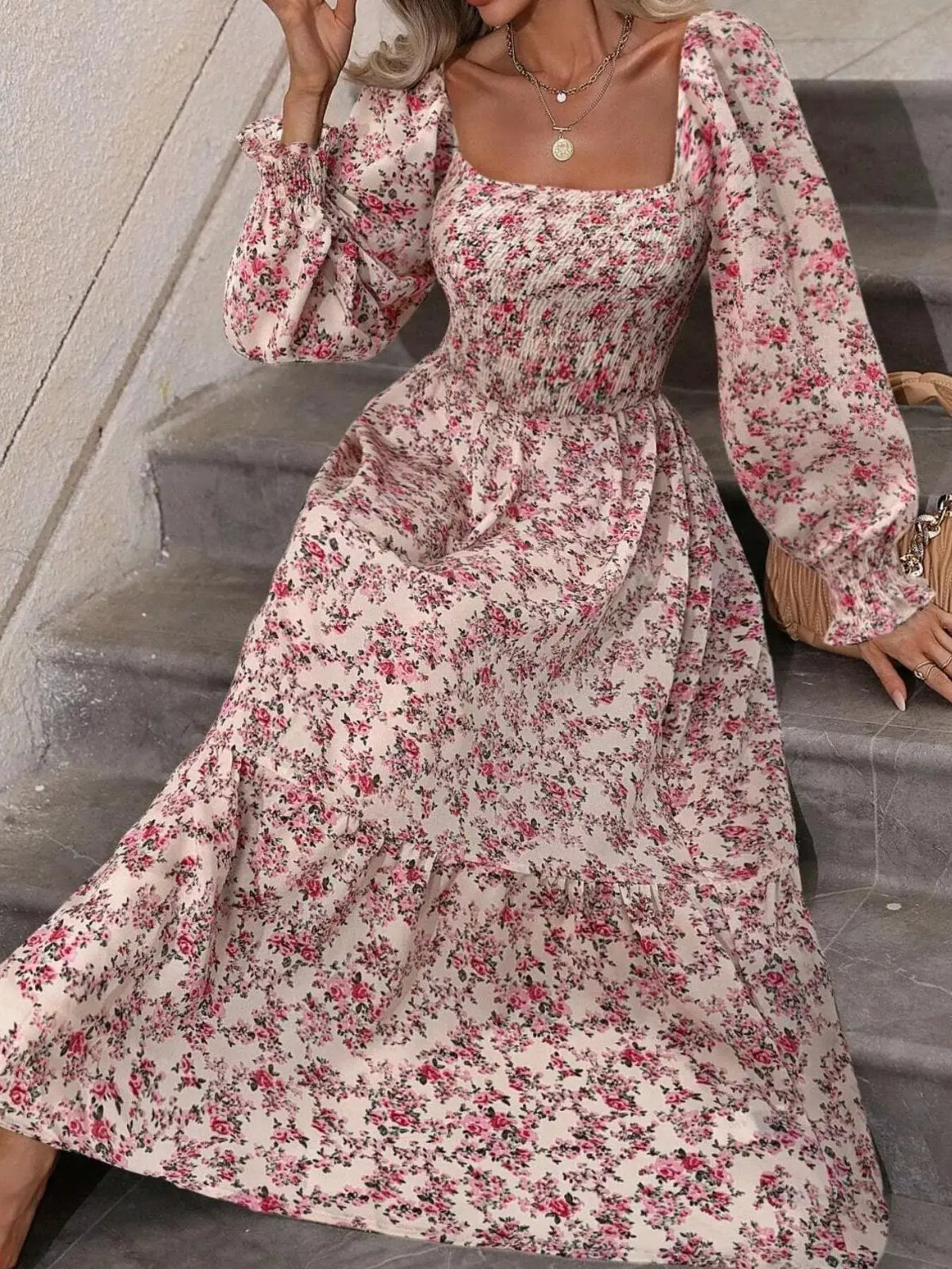 Floral Print Square Neck Smocked Midi Dress by Trendsi