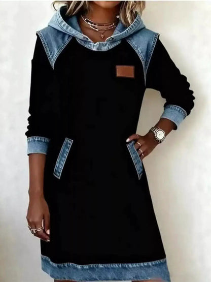Full Size Denim Patchwork Hooded Sweatshirt Dress Plus Size by Trendsi