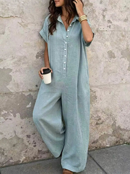 Button Front Short Sleeve Jumpsuit by Trendsi