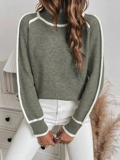 Full Size Contrast Trim Ribbed Hem Turtleneck Sweater Plus Size by Trendsi